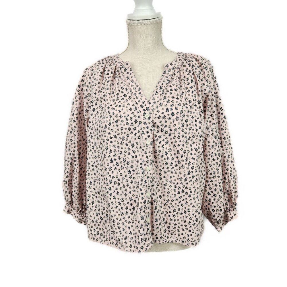 Levi's Lainey Relaxed Fit Blouse Womens Size M 3/4 Puff Sleeve Pink Floral Shirt
